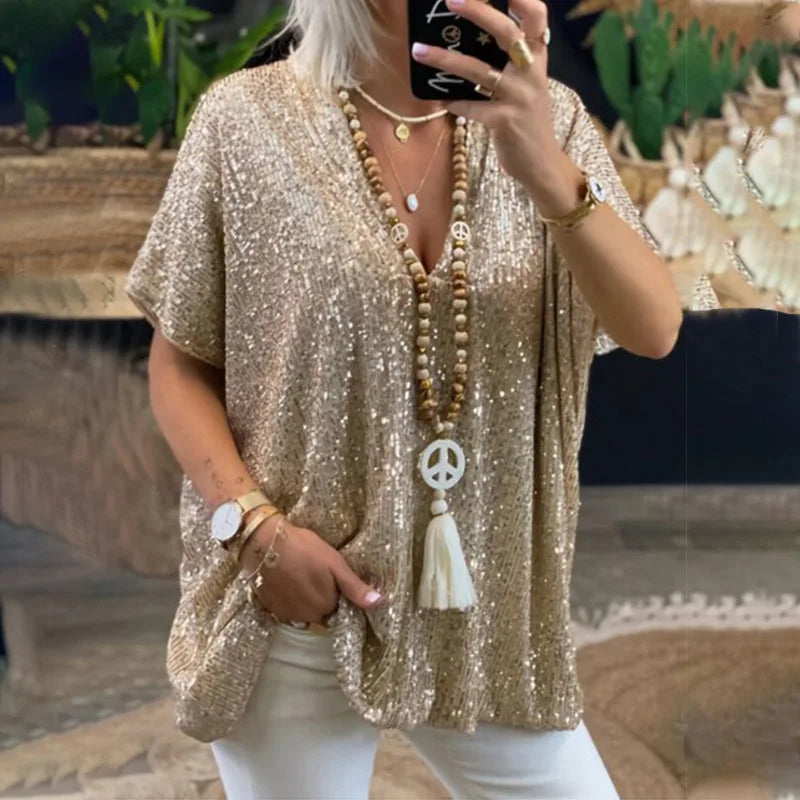 Plus-size t-shirt elegant evening dress sequins short-sleeved V-neck t-shirt plus-size women's clothing