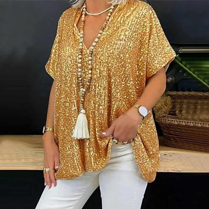 Plus-size t-shirt elegant evening dress sequins short-sleeved V-neck t-shirt plus-size women's clothing