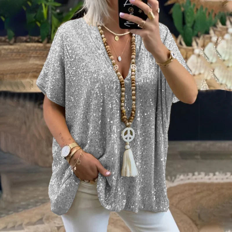 Plus-size t-shirt elegant evening dress sequins short-sleeved V-neck t-shirt plus-size women's clothing