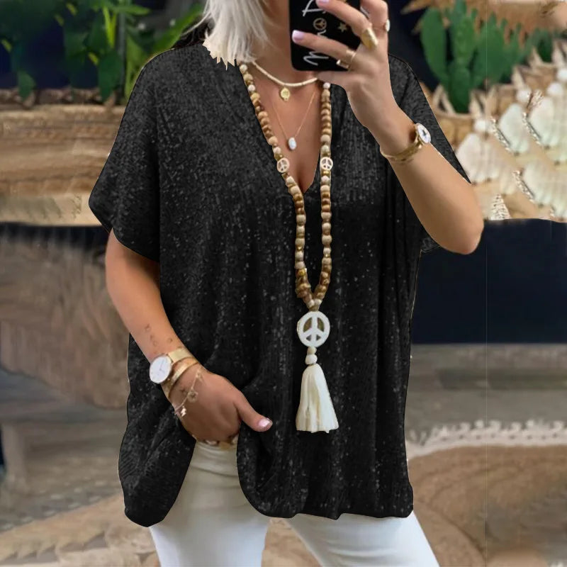 Plus-size t-shirt elegant evening dress sequins short-sleeved V-neck t-shirt plus-size women's clothing