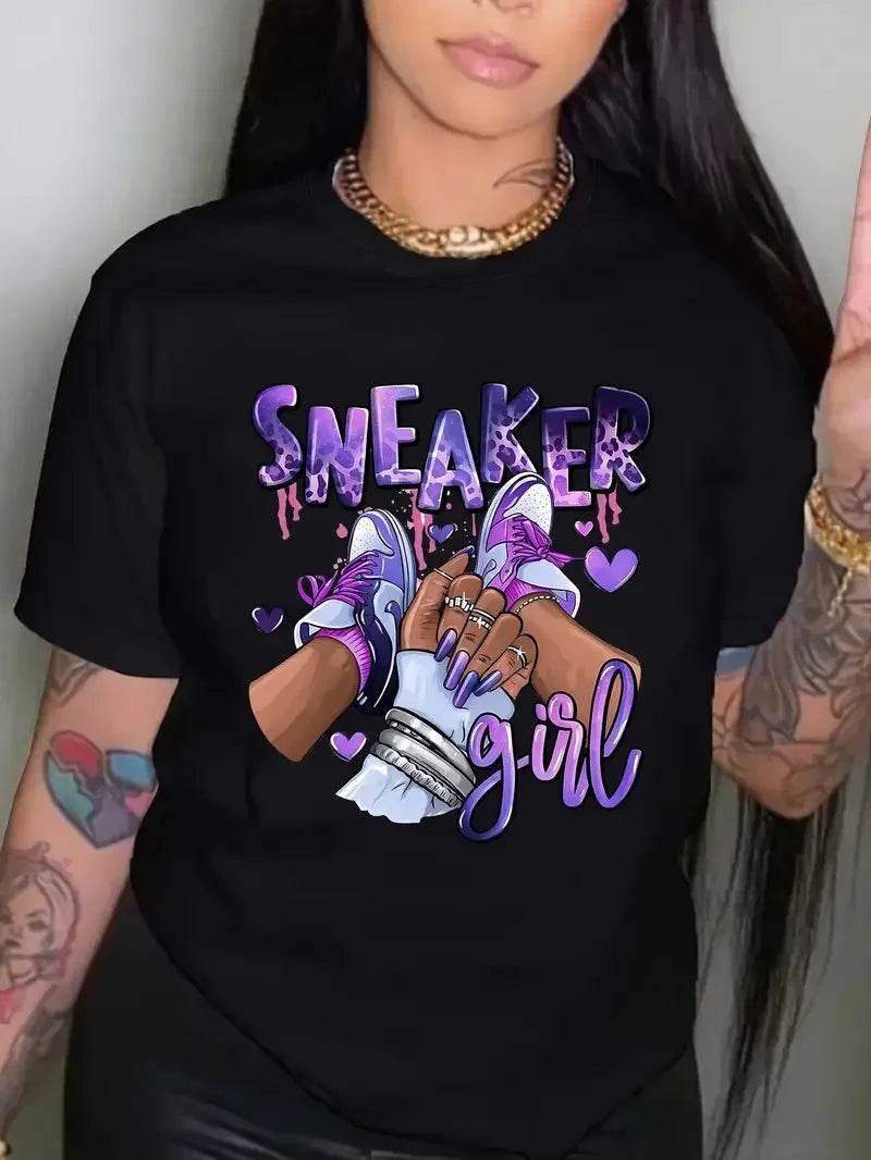 Plus Size Sneaker Girl Graphic Print T-shirt, Casual Short Sleeve Crew Neck Top, Women's Clothing