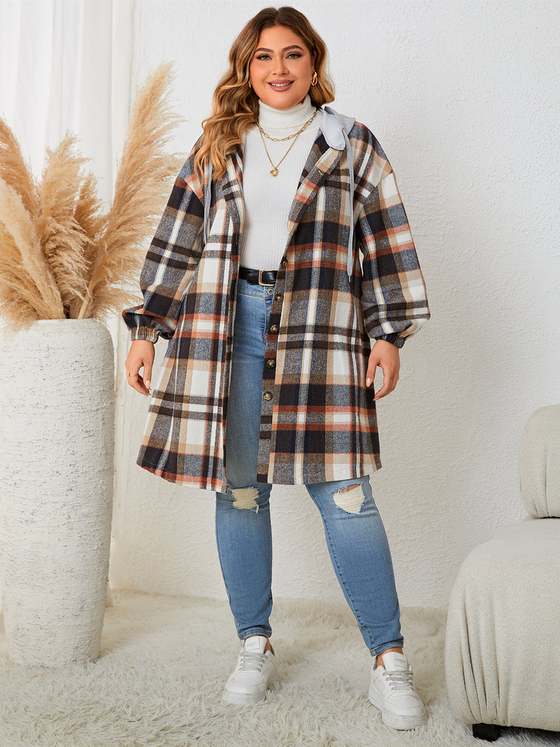 Autumn And Winter New Women's Clothing Plus-sized Plaid Hooded Mid-length Coat