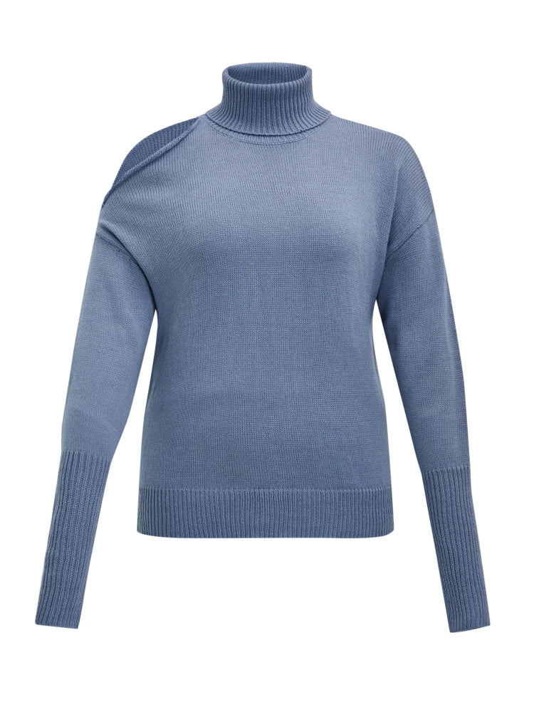 ONELINK Gloomy Blue Woolen Turn Down Mock Neck Plus Size Autumn Winter 2022 Pullover Women Sweater Hollow Out Shoulder Clothing