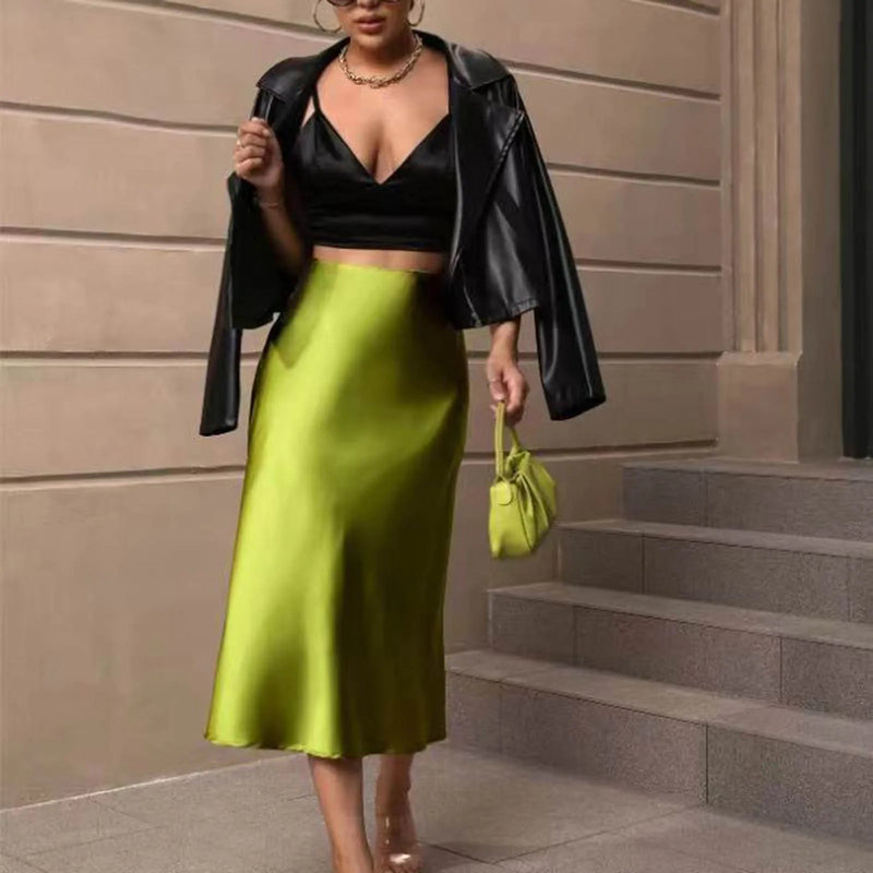 Summer Skirts For Women 2024 Womens Satin Slim Skirt Solid Color Mid Length Hip Fishtail Skirt Plus Size Women Clothing