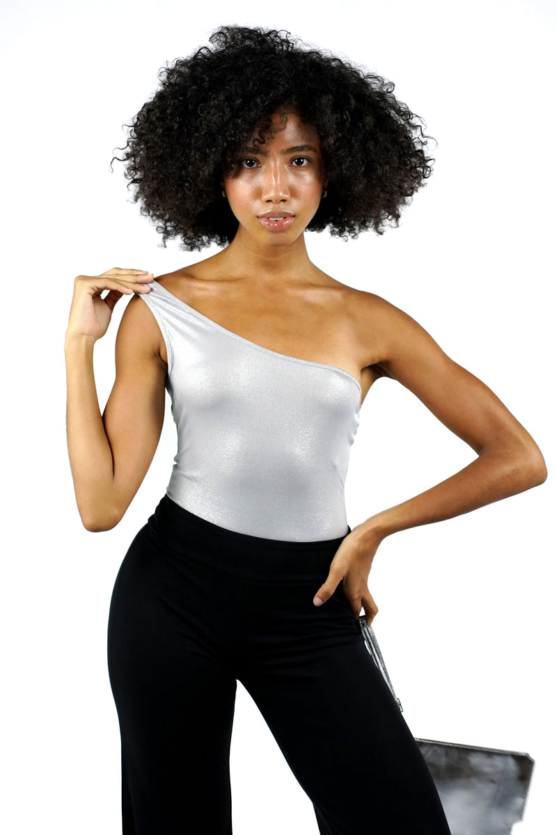 One Shoulder Metallic Skinny Bodysuit