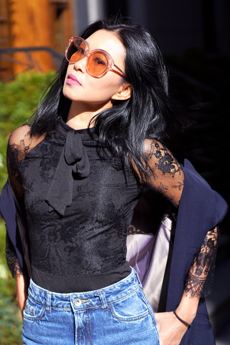 Tie front Long Lace Sleeve Bodysuit