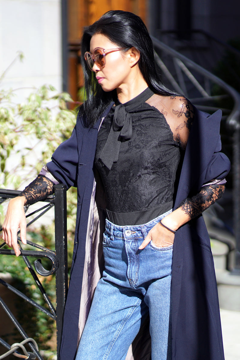 Tie front Long Lace Sleeve Bodysuit