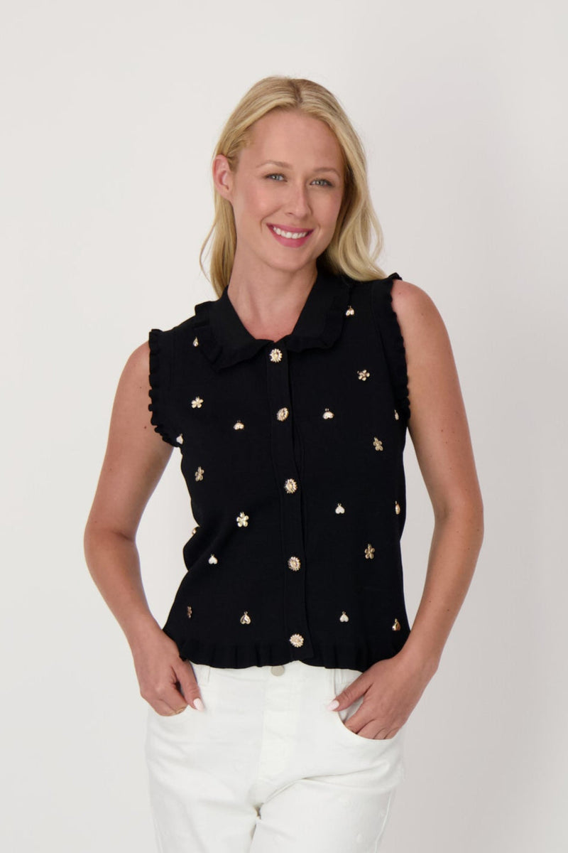 Gold Embellished Sweater Tank With Ruffles