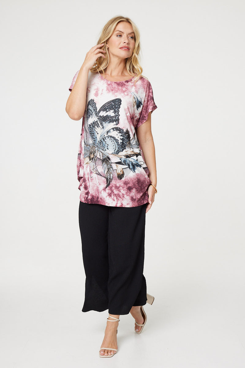 Embellished Butterfly Print Tunic Top