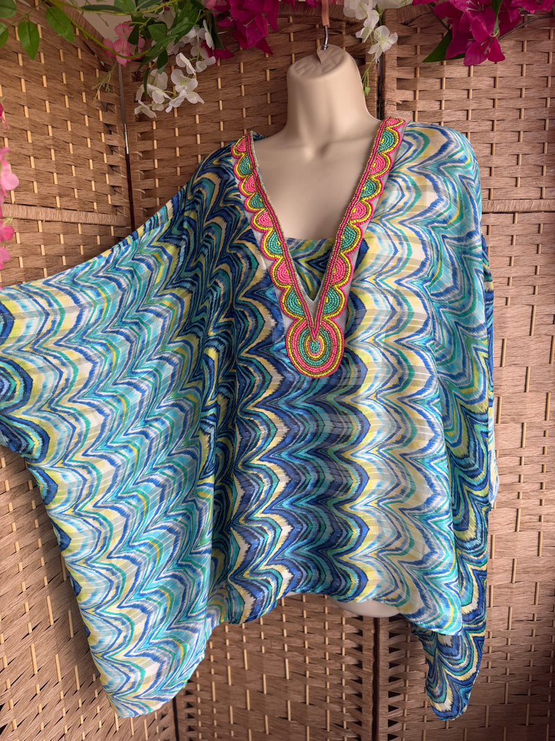 Jeff Gallano Blue Multi Embellished Gold Thread Top