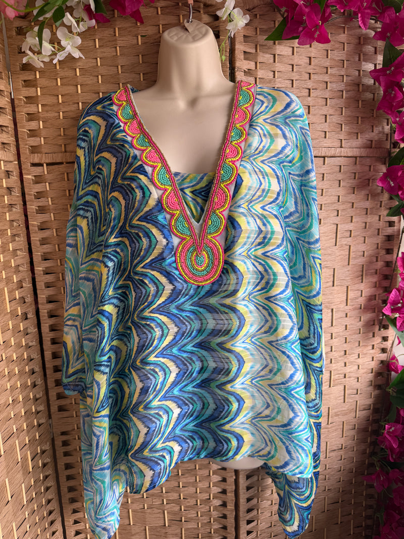Jeff Gallano Blue Multi Embellished Gold Thread Top