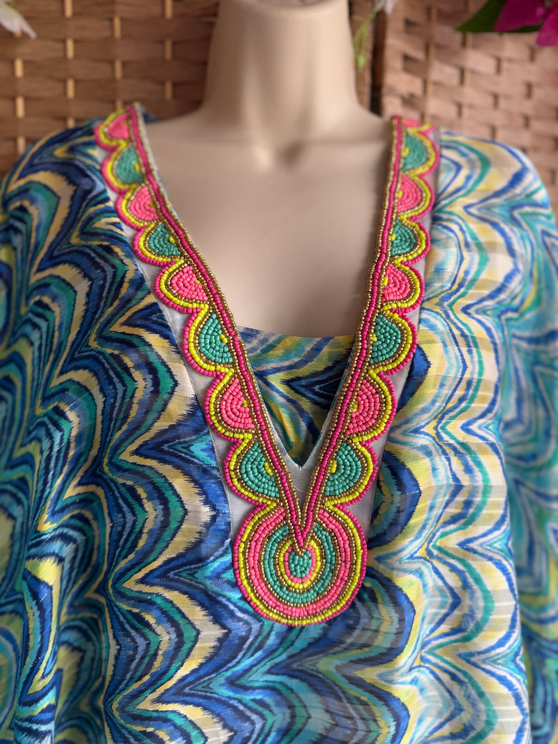 Jeff Gallano Blue Multi Embellished Gold Thread Top
