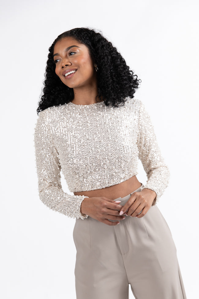 In Good Spirits Beige Pearl And Sequin Embellished Crop Blouse  FINAL SALE