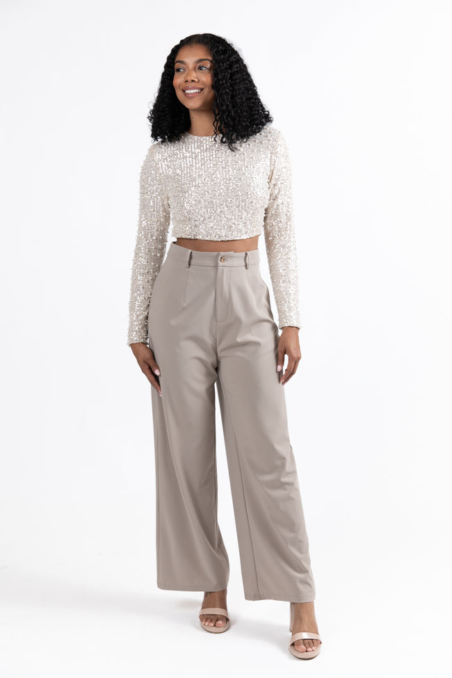 In Good Spirits Beige Pearl And Sequin Embellished Crop Blouse  FINAL SALE