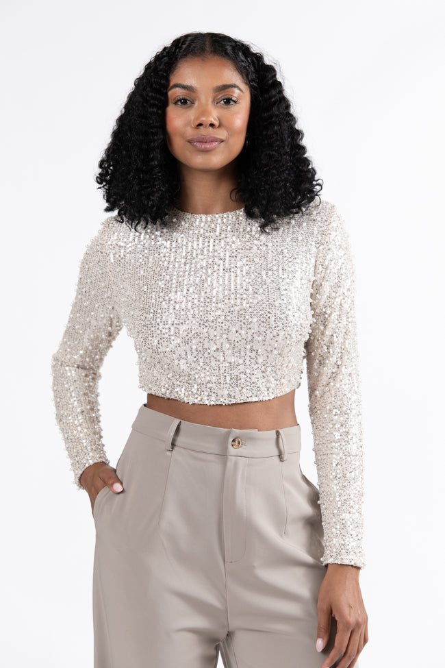 In Good Spirits Beige Pearl And Sequin Embellished Crop Blouse  FINAL SALE
