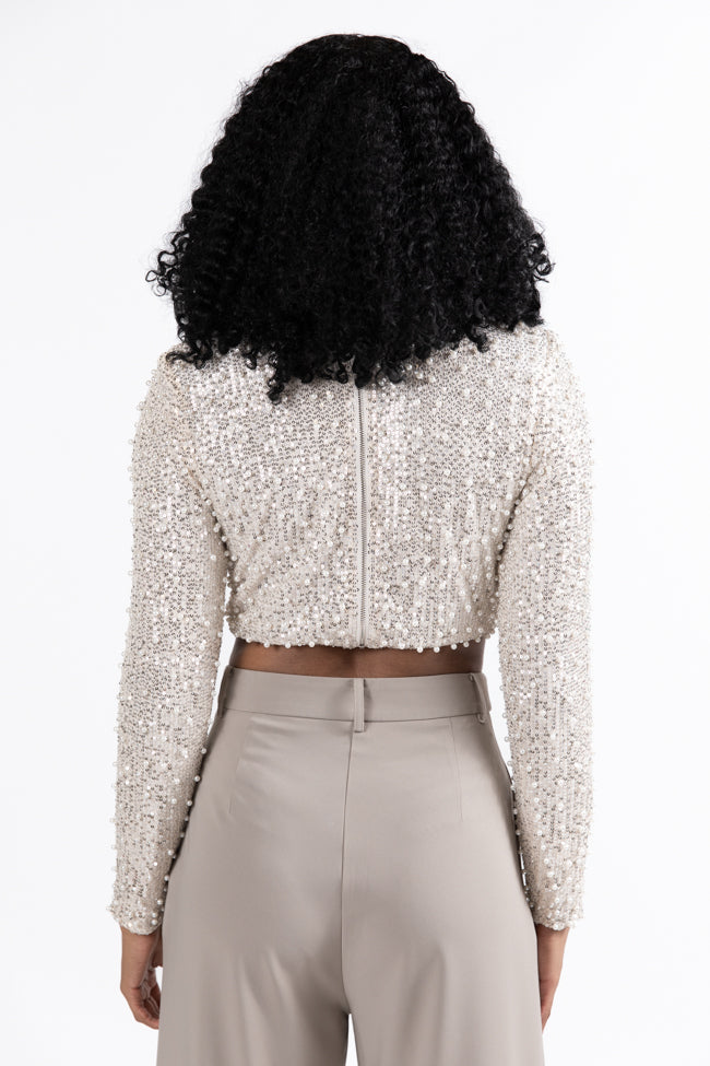 In Good Spirits Beige Pearl And Sequin Embellished Crop Blouse  FINAL SALE