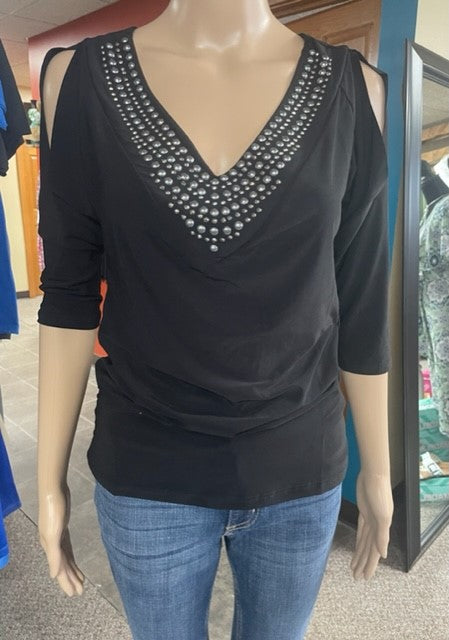 Black V neck front and back, stud embellished, 3/4 sleeve top, Reg. & Plus