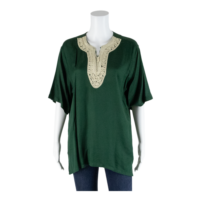Embellished Neckline Boho Green 90s V-Neck Tunic Top Womens M