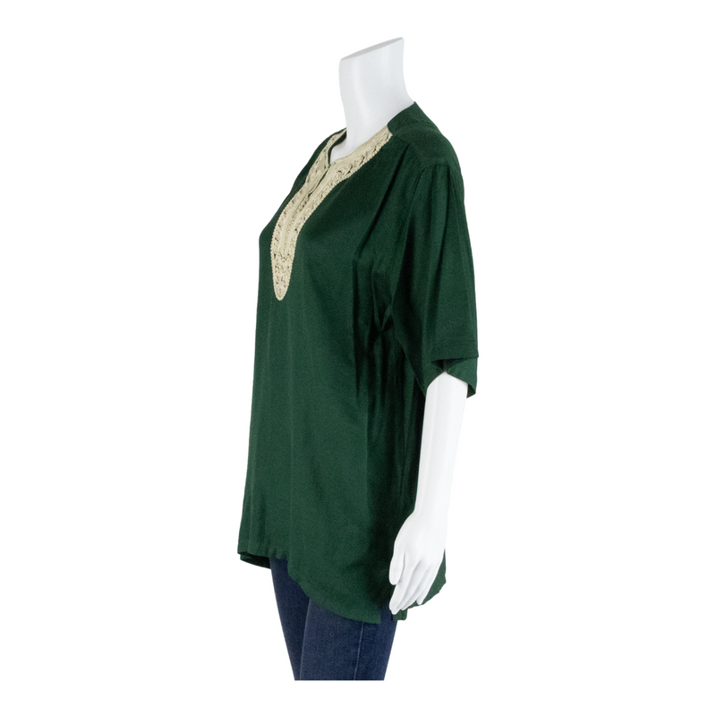 Embellished Neckline Boho Green 90s V-Neck Tunic Top Womens M