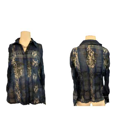 Agora Blue Black Embellished Long Sleeve Shirt Top, Small
