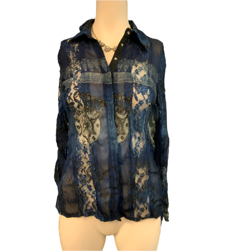 Agora Blue Black Embellished Long Sleeve Shirt Top, Small