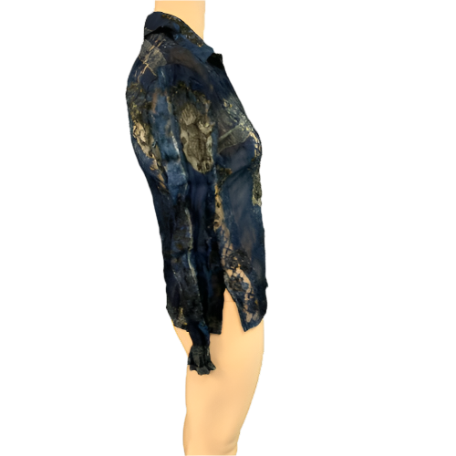 Agora Blue Black Embellished Long Sleeve Shirt Top, Small