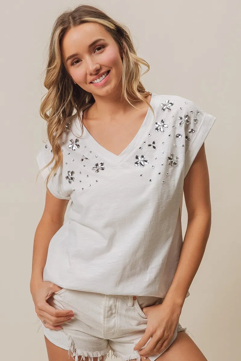 White Rhinestone Embellished Slub Jersey V-Neck Top