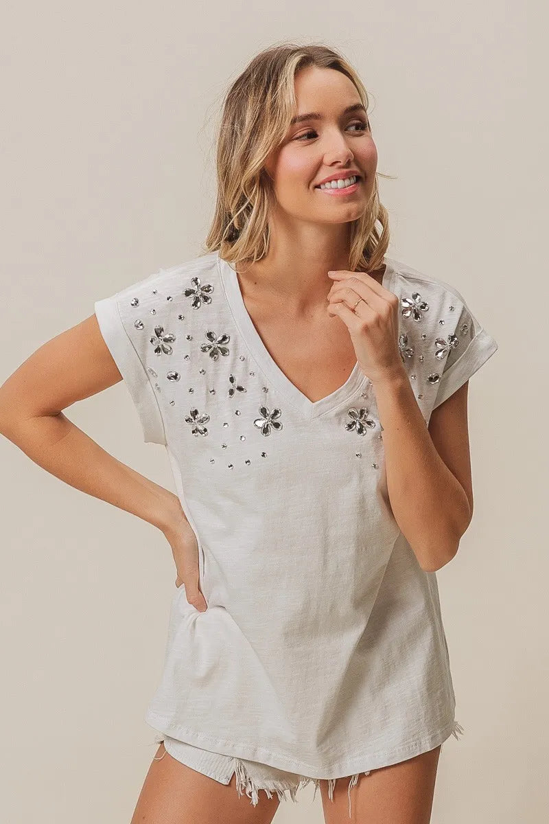 White Rhinestone Embellished Slub Jersey V-Neck Top