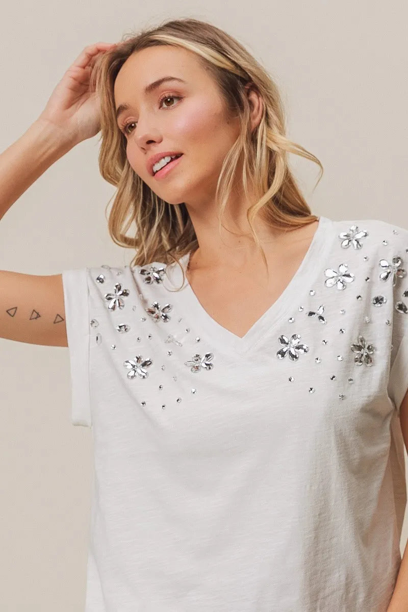 White Rhinestone Embellished Slub Jersey V-Neck Top