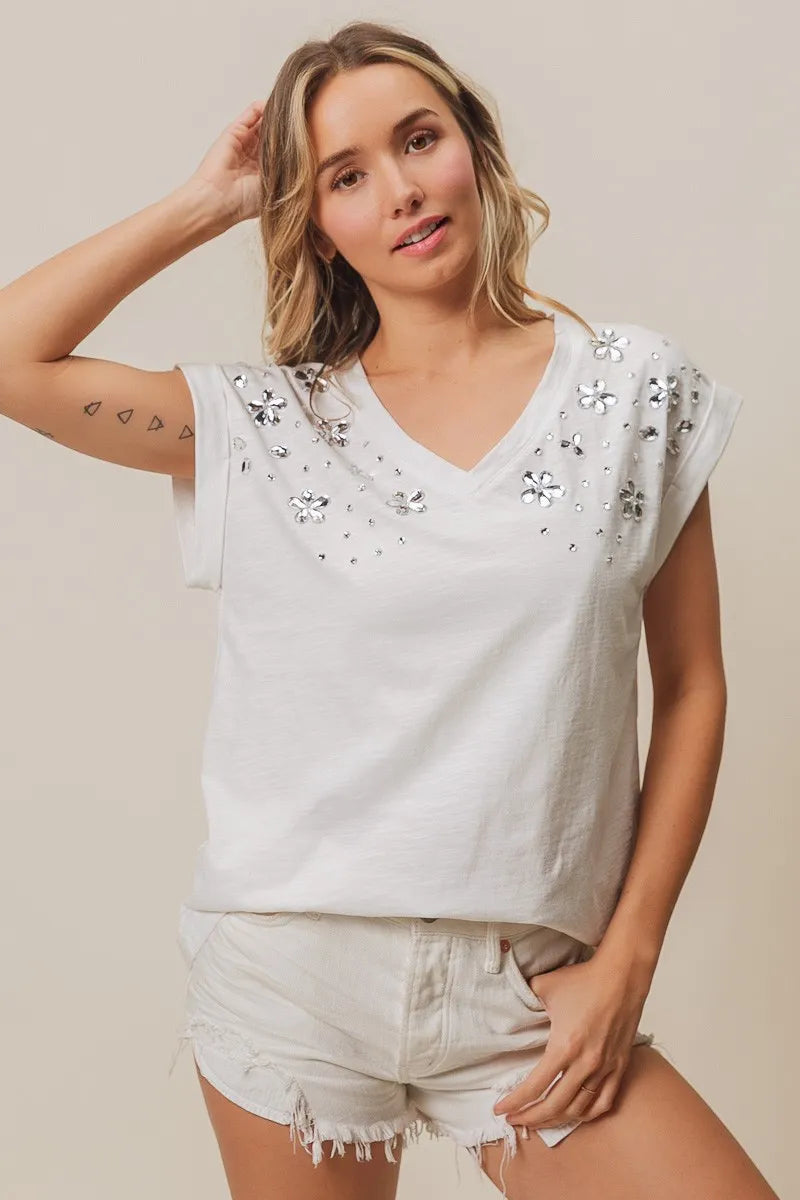 White Rhinestone Embellished Slub Jersey V-Neck Top