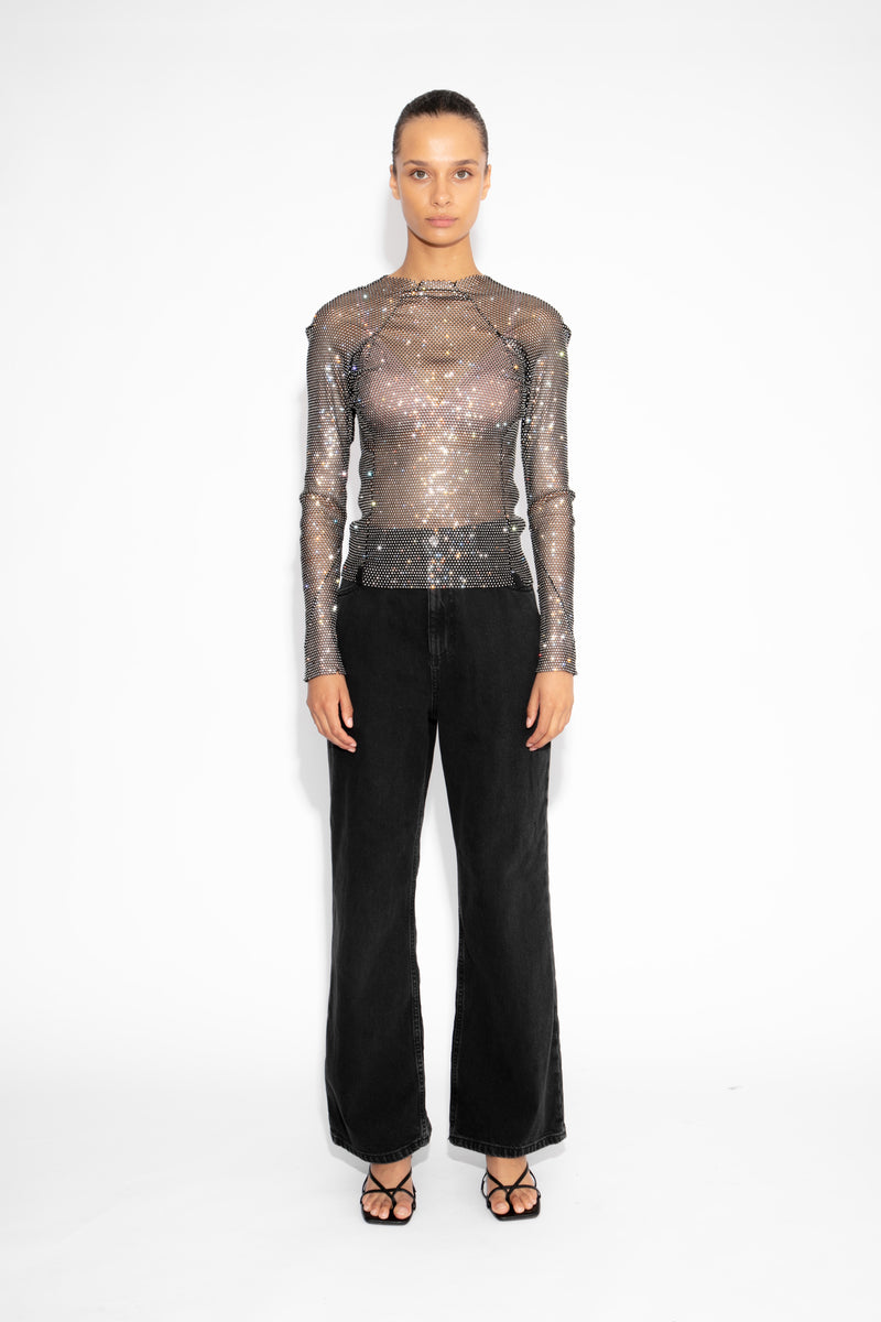 Crystal Embellished Fishnet Top in Black