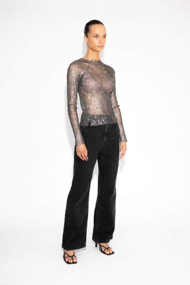 Crystal Embellished Fishnet Top in Black
