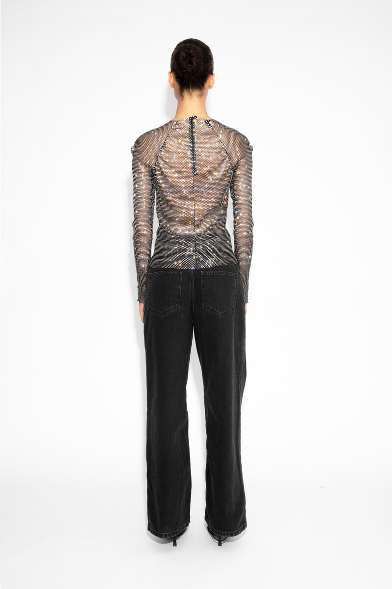 Crystal Embellished Fishnet Top in Black