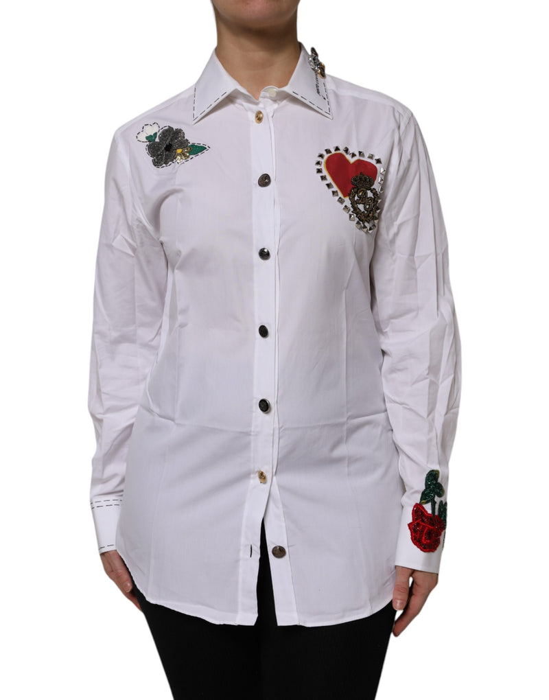 Dolce & Gabbana White Cotton Floral Embellished Long Sleeve Shirt Top