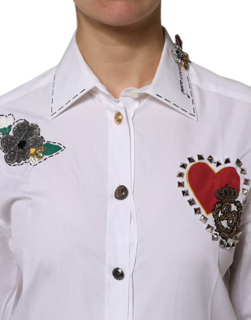 Dolce & Gabbana White Cotton Floral Embellished Long Sleeve Shirt Top