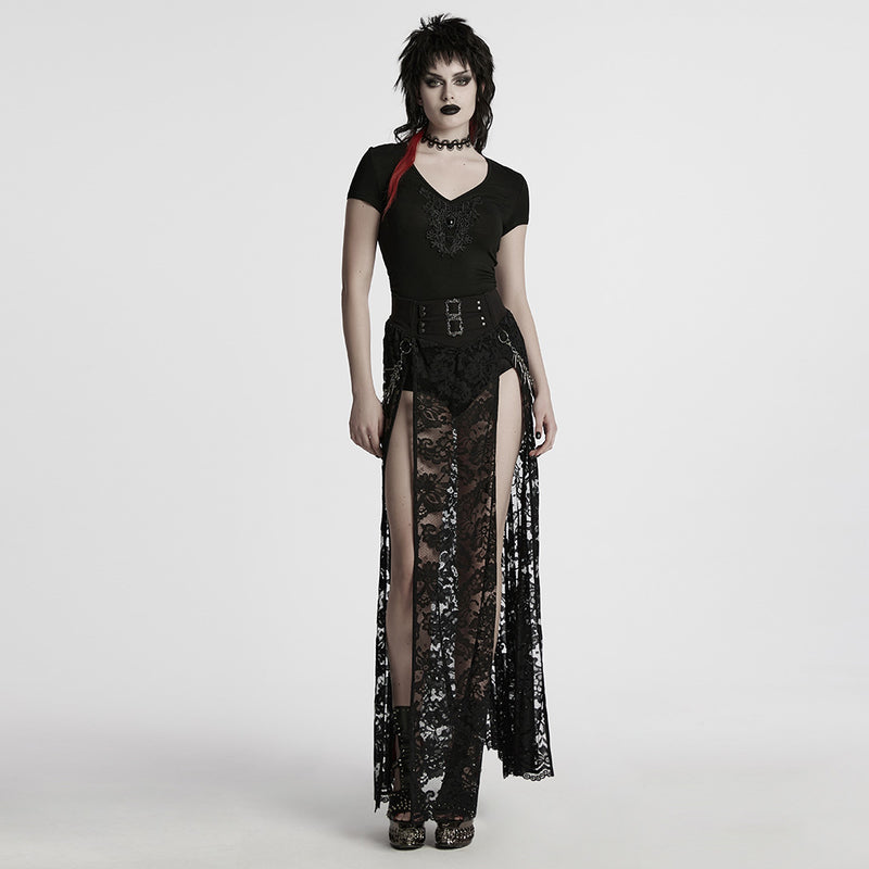 WT-1013TDF Gothic T-Shirts V-Neck Black Lace Embellished Top