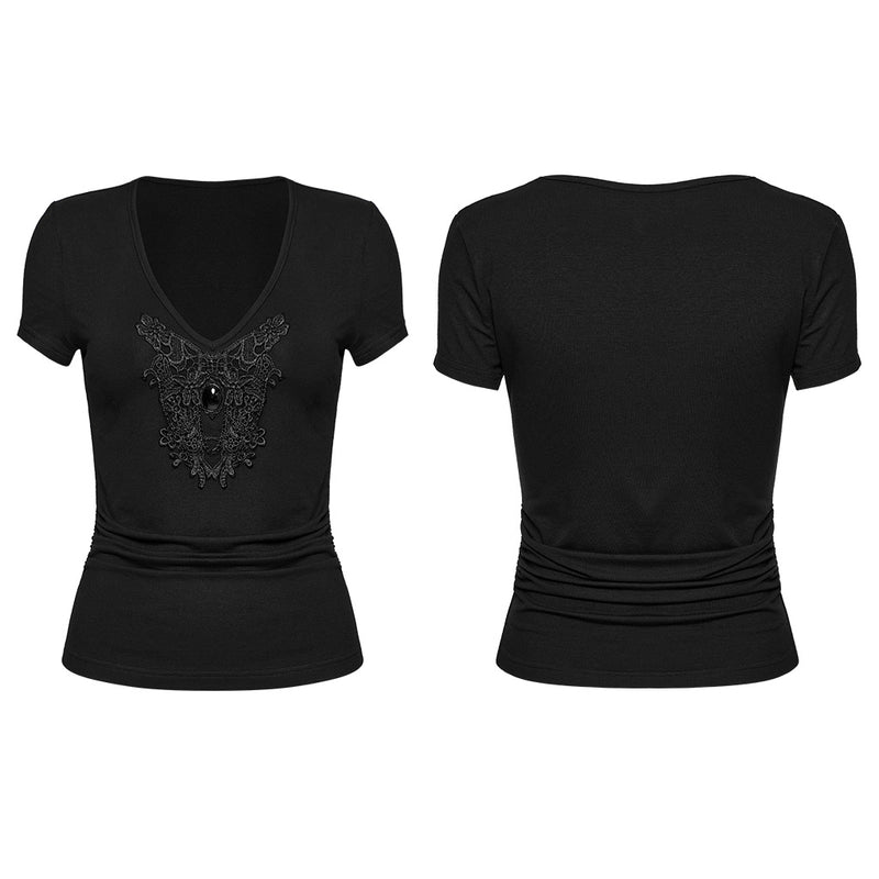 WT-1013TDF Gothic T-Shirts V-Neck Black Lace Embellished Top