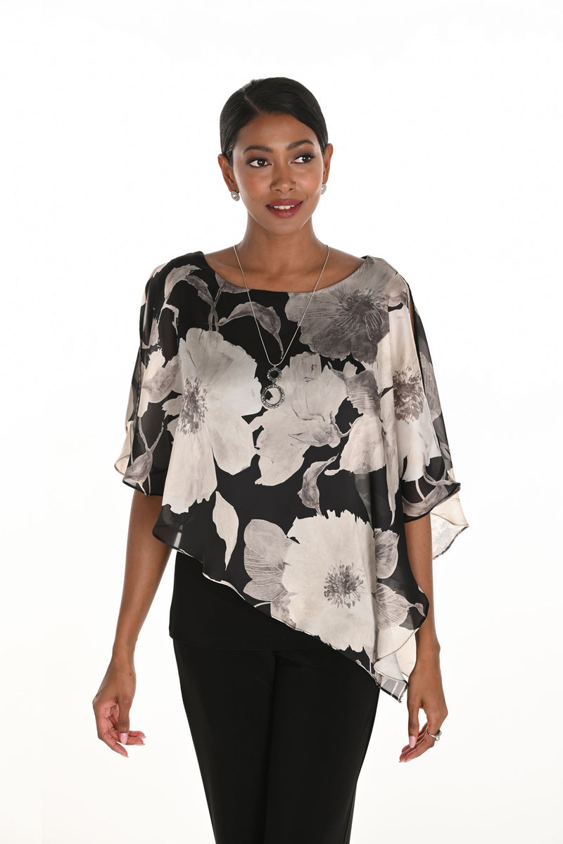 Frank Lyman Black/Beige Floral Top With Jewel Embellishment Style 259343