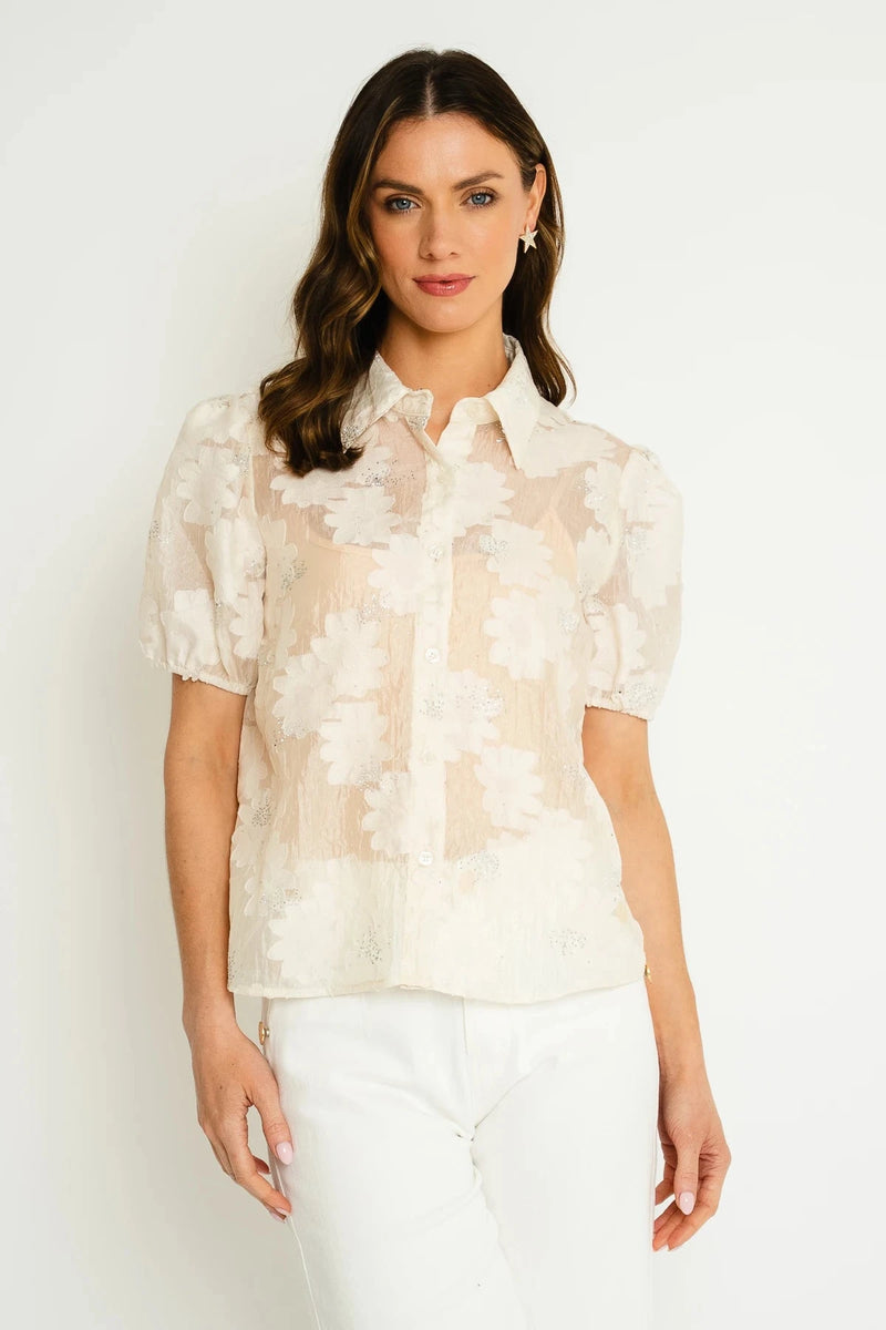 Cream Short Sleeve Floral Embellished Shirt