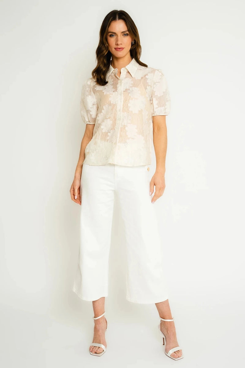 Cream Short Sleeve Floral Embellished Shirt