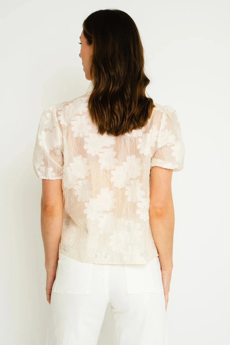 Cream Short Sleeve Floral Embellished Shirt