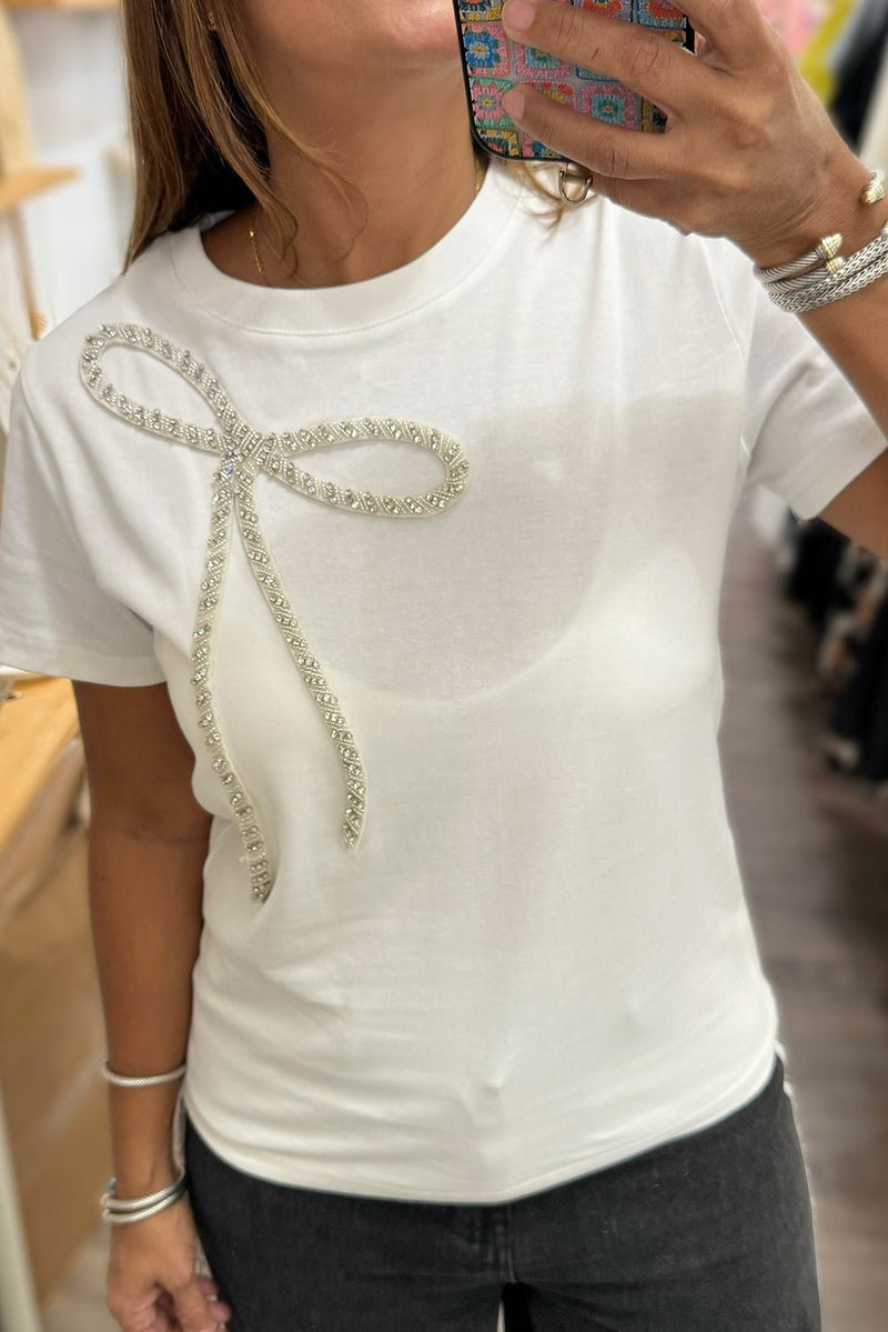 White Rhinestone Bow Embellished Crew Neck Tee