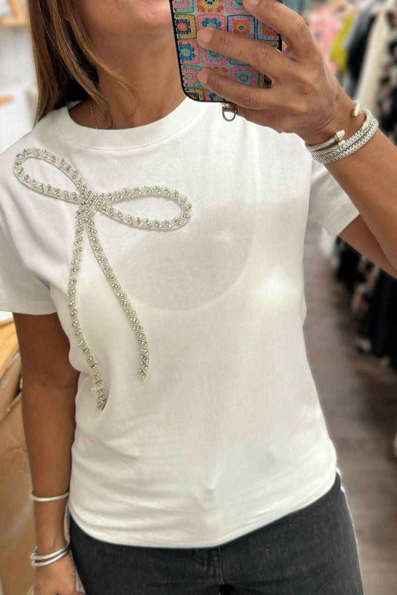 White Rhinestone Bow Embellished Crew Neck Tee