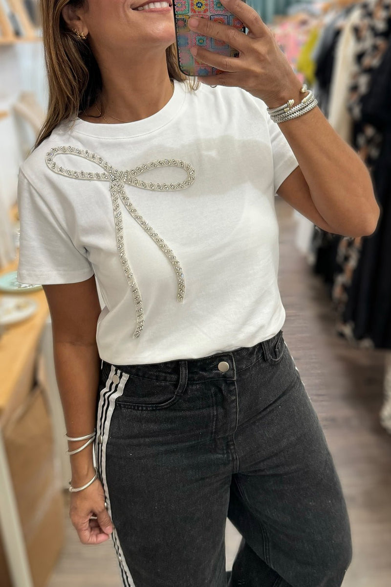 White Rhinestone Bow Embellished Crew Neck Tee