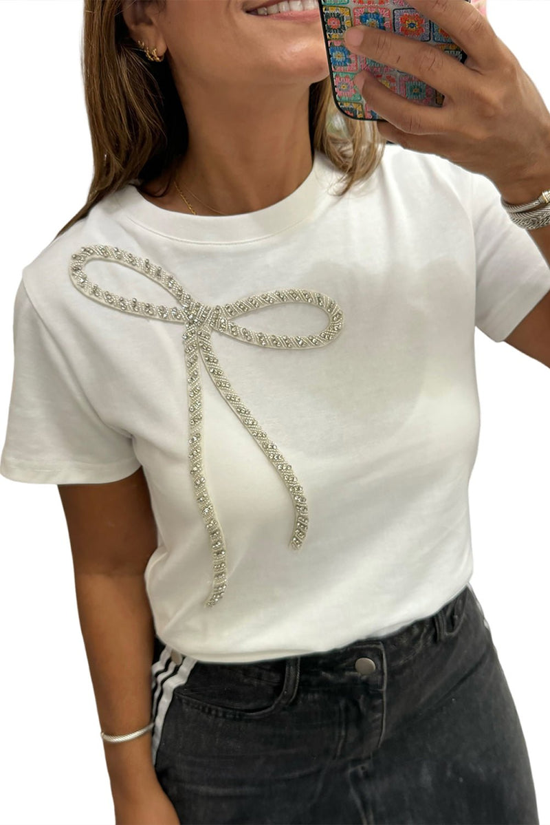 White Rhinestone Bow Embellished Crew Neck Tee