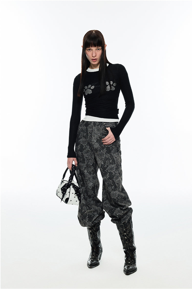 Cat Scratch Embellished Crewneck Long Sleeve T-shirt