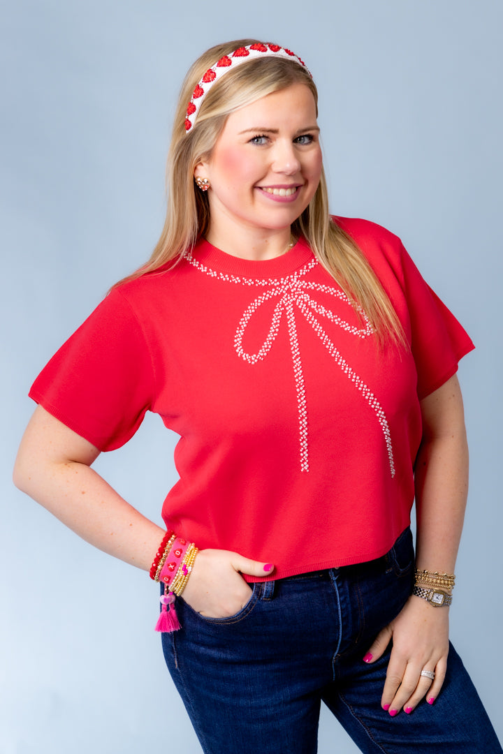Bow Embellished Short Sleeve Sweater