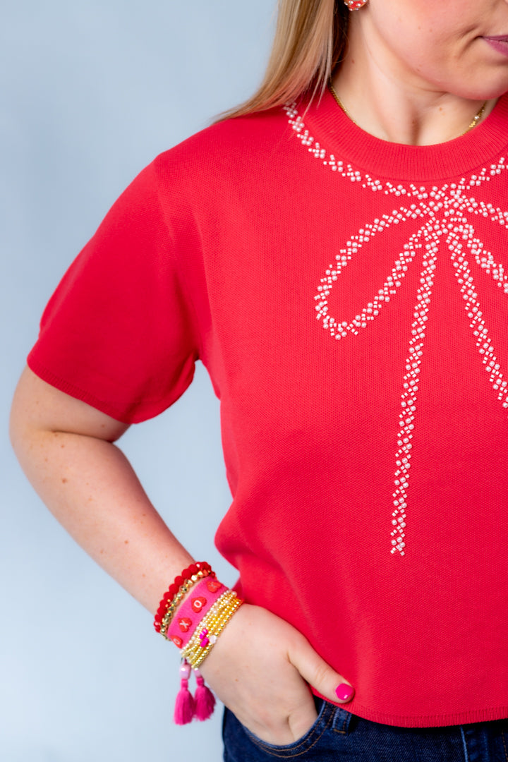 Bow Embellished Short Sleeve Sweater