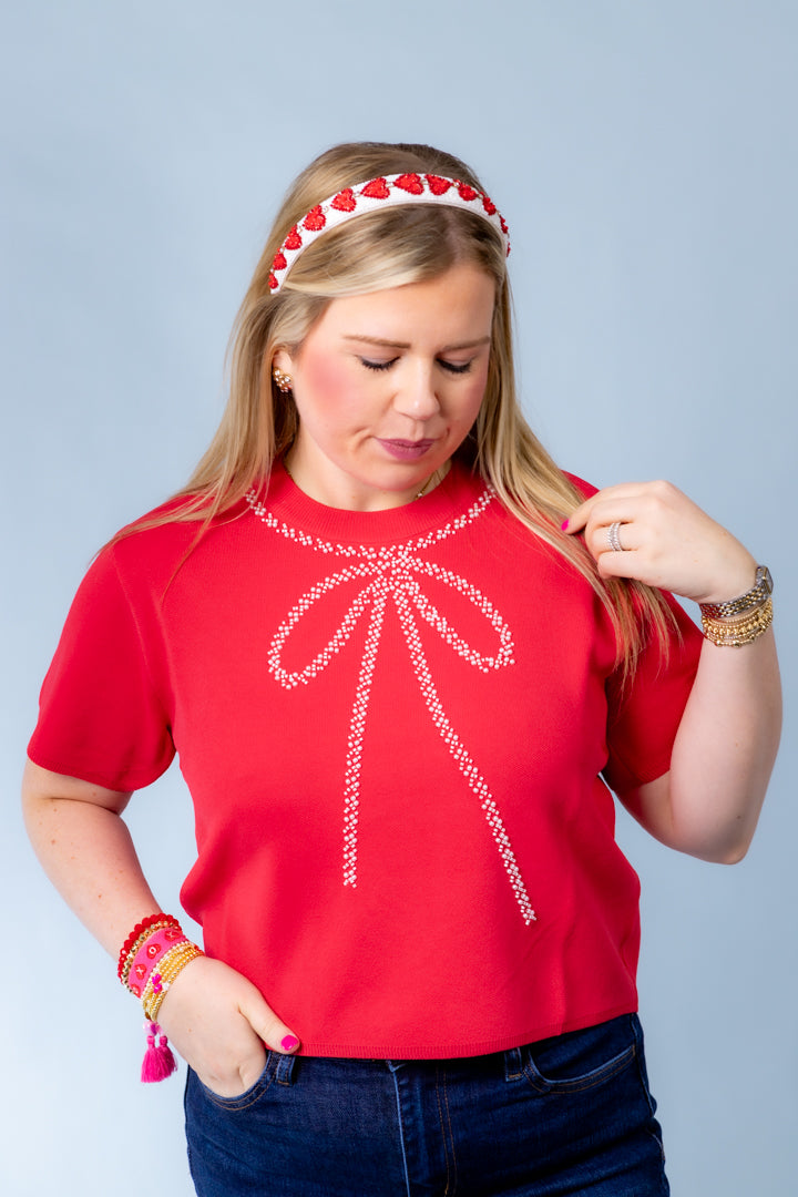 Bow Embellished Short Sleeve Sweater