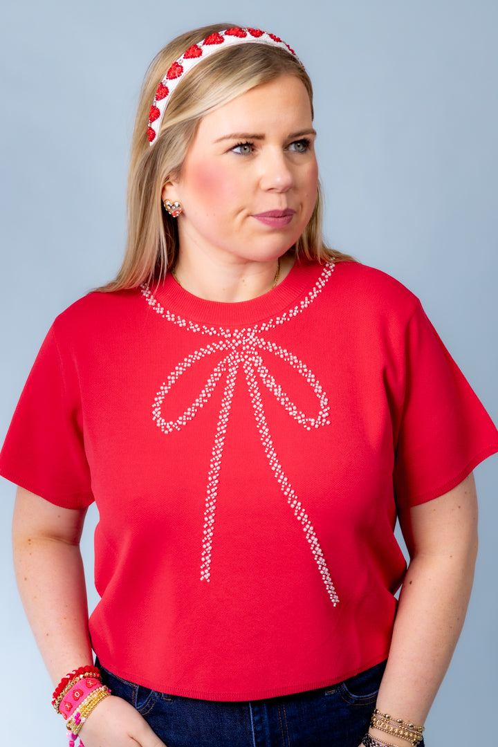 Bow Embellished Short Sleeve Sweater